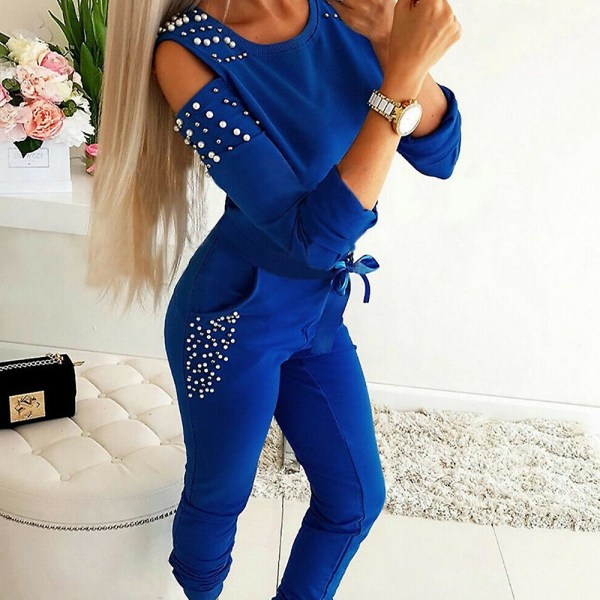 Kvinder langærmet kold skulder Loungewear joggingbukser 2-delt sweatshirt outfits sæt Blue XL