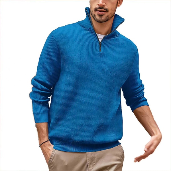 Langermet poloskjorte med glidelås for menn Casual Pullover Topper Blue M