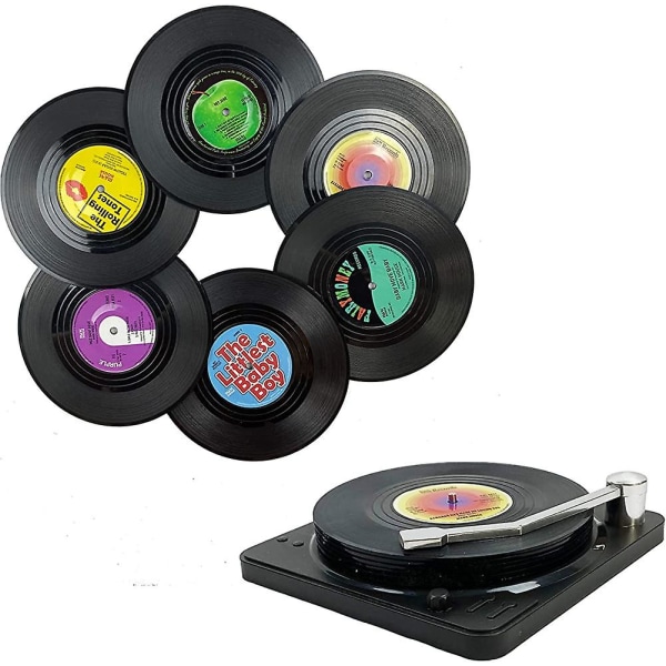 Musikkunderlag med vinylplatespillerholder, sett med 6 drikkeunderlag for musikkelskere
