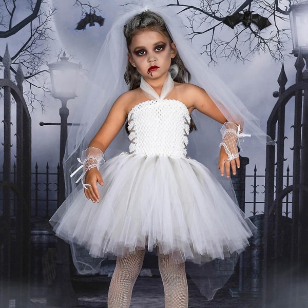2-12 år Barn Jenter Ghost Bride Dress Veil Cosplay Kostyme Fancy Dress Klær Sett med hansker Halloween festgaver 6-7Y