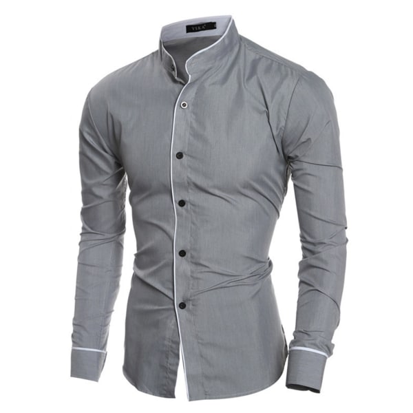 Herrar Solid Casual Stå-Krage Långärmad Skjorta Business Toppar Grey M