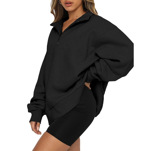 Dame Casual Tops Sweatshirts Løse Langærmede Enfarvet Trøje Black XL