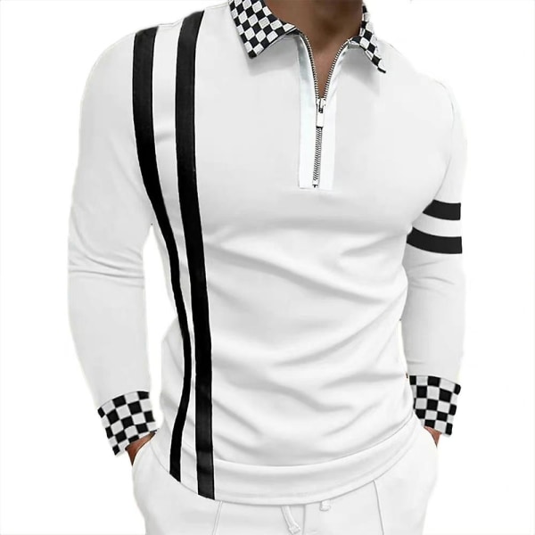 Mens Zip Lapel Neck Casual skjorte Langermet stripete rutete trykte topper White 2XL