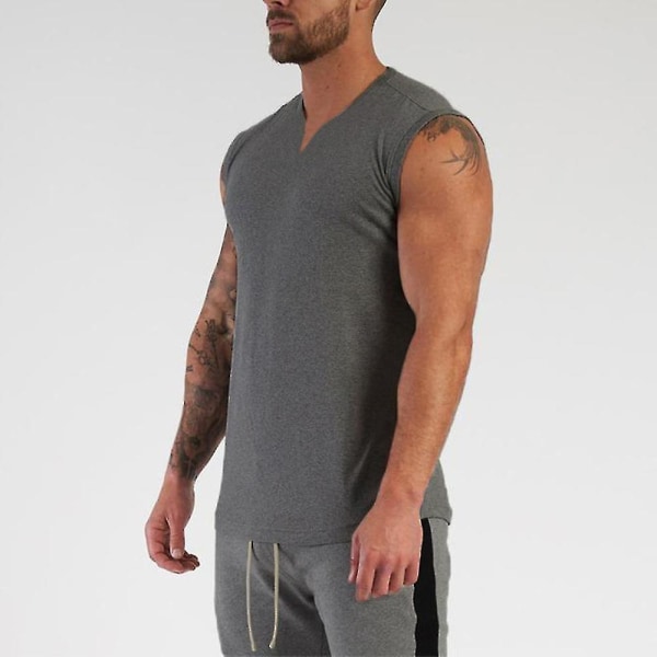 Herrar V-ringad Ärmlös Väst Sport Fitness Tank Tops Grey M