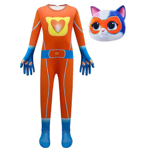 3-9 år Børn Super Kitties Cosplay Kostume Katte Jumpsuit Mask Outfits Halloween Fest Fancy Dress Gaver-Orange 7-8Years