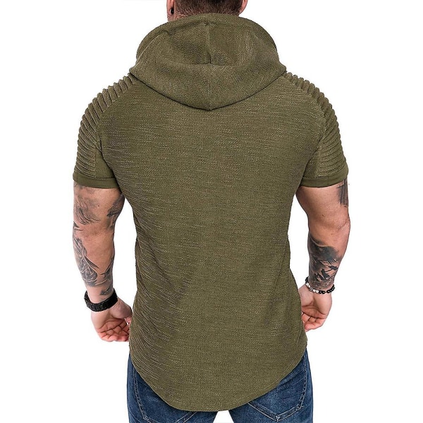 Herre plisseret kortærmet T-shirt med hætte Sommer Casual Sports Hættetrøjer Toppe Army Green XL