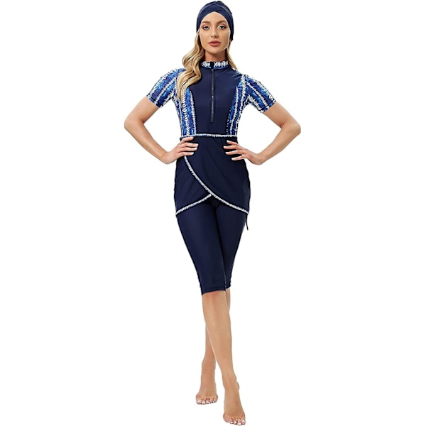Kvinnor Modest Badkläder Islamisk Muslim Baddräkt Kortärmad Dragkedja Fram Top Shorts Byxor Hijab 3st Simdräkt S-4xl Tangrui Blue L