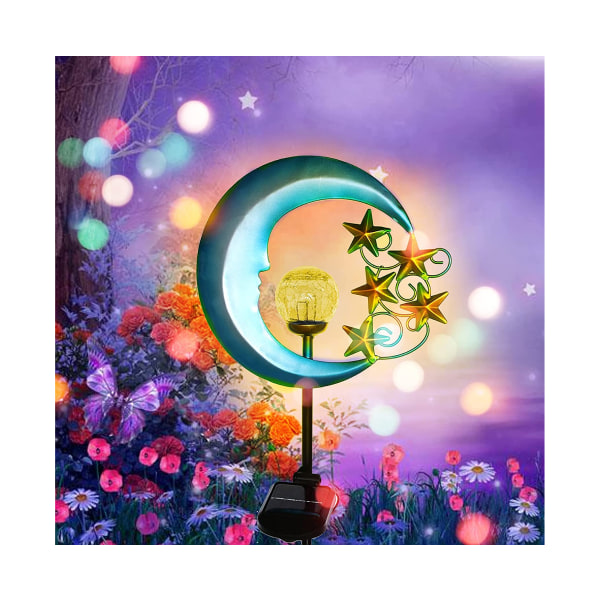 Stars Moon Solar Lights Outdoor - Solar Powered Hage Lights Dekorative Crackle Glass Globe Led Vanntett Landskapsbelysning for Pathway