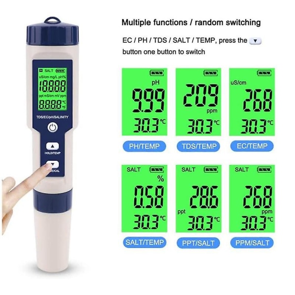 Bassengsalttester, digital saltholdighetsmåler, høy nøyaktighet 5 i 1 saltholdighetstester for saltvann, IP67 As Shown