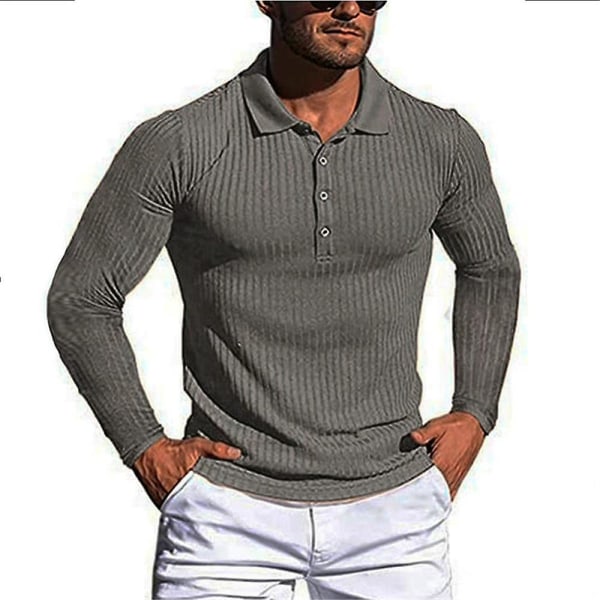 Langærmet herre poloshirt Sports Casual Business skjorte toppe Dark Grey L