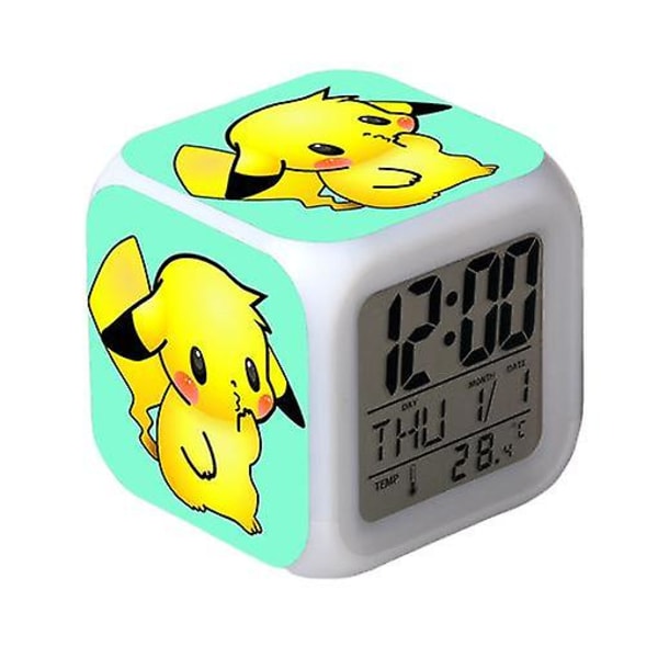 Wekity Pikachu färgglad väckarklocka Led fyrkantig klocka Digital väckarklocka med tid, temperatur, alarm, datum -ES