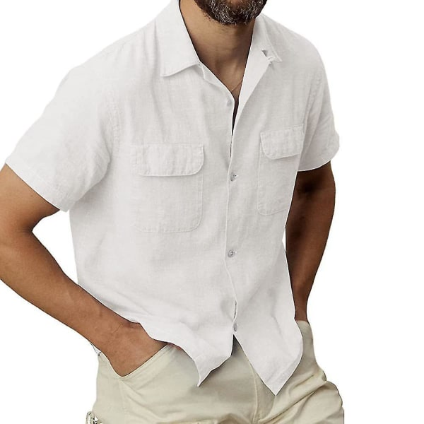 Kortærmede mænd med knap skjorte sommer afslappet toppe med lommer White M