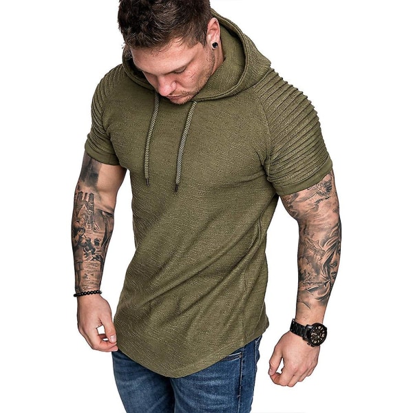 Miesten Pliseerattu Lyhythihainen Huppari T-paita Kesä Casual Urheilu Hupparit Yläosat Army Green 2XL