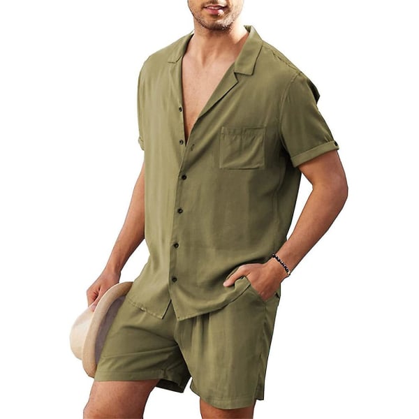 Herre ensfarvet kortærmede skjorter Korte bukser Sæt Sommerferie Strandoverdele + Shorts Outfits Green 2XL