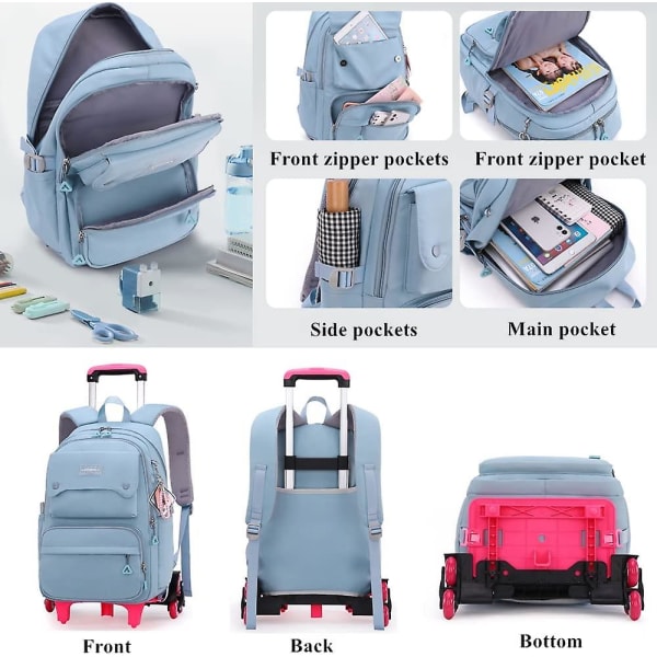 Enfärgade flickor rullande ryggsäck med hjul Skolväska Elementary School Student Trolley Daypack Outdoor Travel Bag Blue 2 Wheels