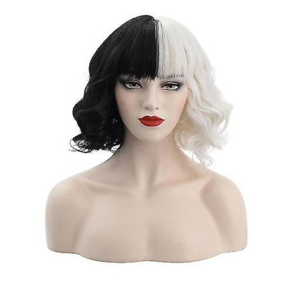 Cruella De Vil Peruker Kvinnor Cosplay Lockigt Hår Kort Vågig Peruk -ge Blackwhite