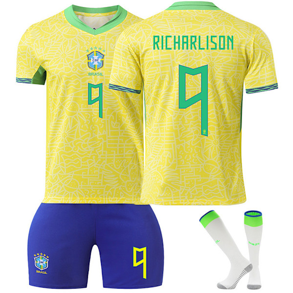 24-25 Brasilien hjemmebanetrøje kortærmet fodbolduniformssæt+sok-Richarlison XL(180-185cm)