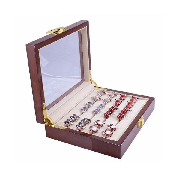 Glaslåda för män Målad träkollektion Displaylåda Förvaring 12 par Kapacitet Ringar Smyckeskrin
