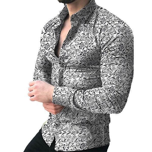 Høyhalset skjorte for menn med blomsterprint, casual fest, lang erme White M