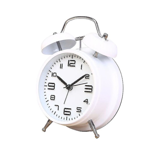 Klassisk retro väckarklocka med dubbelklocka, väckarklocka med dubbelklocka med bakgrundsbelysning, skrivbordsklocka Bordsklocka -ES White
