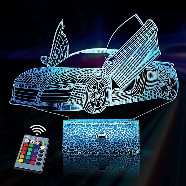 Veilleuse Voiture 3D pour Enfants, Lampe LED Illusion avec 16 Couleurs Changeantes et Télécommande,