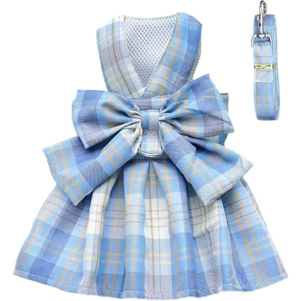 Ruudullinen koiran mekko rusetti koiran vaatteet tytöille säädettävät pentujen kesämekot hihnalla Lemmikkivaatteilla, yhteensopiva kissojen kanssa -ES Blue M