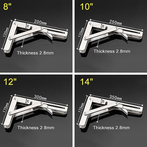 2 stk rustfrit stål foldestativ Bordbeslag Hyldebænk 200 kg Belastning Tung 10 Inches