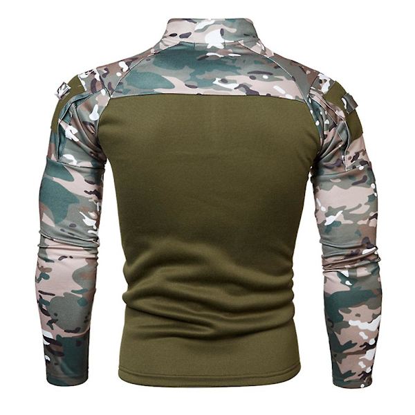 Mænds Patchwork Camo Langærmet Zip Mock Neck T-shirt Sports Tops Green XL