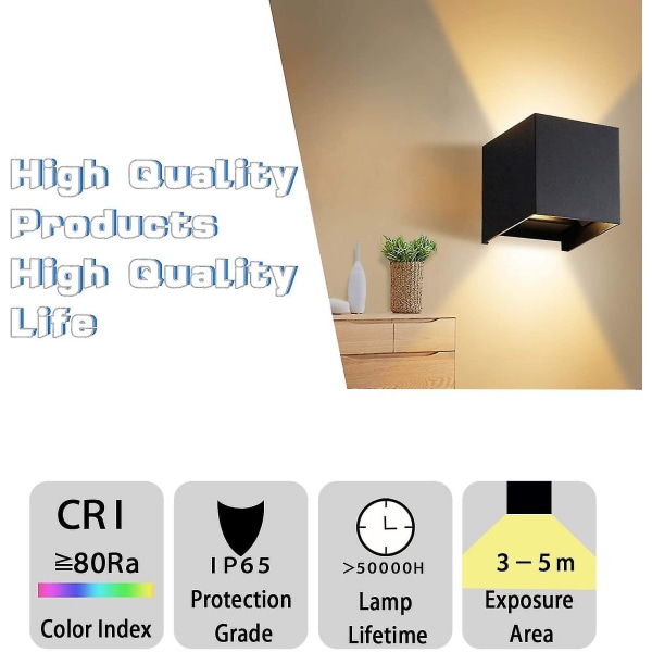 12w indendørs / udendørs væglampe, Ip65 vandtæt led væglampe Justerbar op-ned-lampe 3000k varm hvid (2 stk) Black