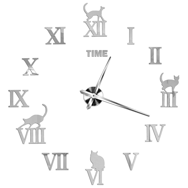 3D Stor Veggklokke DIY Akryl Speil Klokkestikker Overdimensjonert Klokker Europa Horloge Stue Hjemmedekor Flere Stiler Silver F 37 inch (60-90cm)