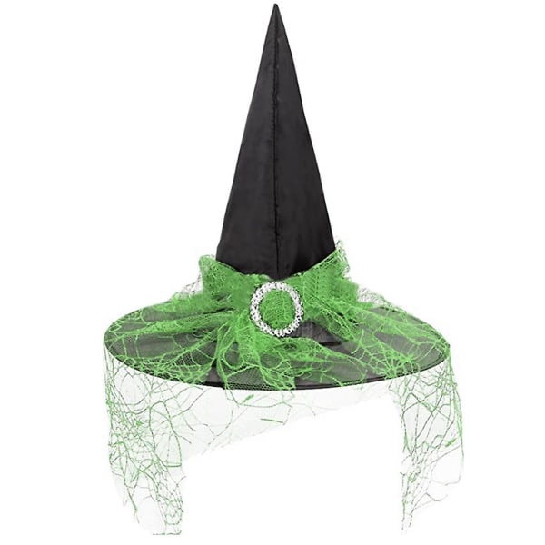 Heksehatt med slør Veiviserhatt Magisk lue Halloween-kostyme Mote Solid Hat Green