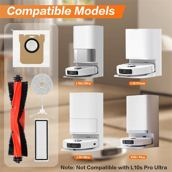 For Xiaomi X20+/X10+ Plus, for Dreame L10s Ultra/L10 Ultra/L10 Prime robotstøvsuger børstefiltre moppeposer