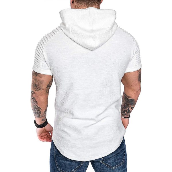Herre plisseret kortærmet T-shirt med hætte Sommer Casual Sports Hættetrøjer Toppe White 3XL