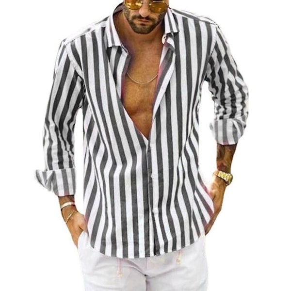 Hvit skjorte for menn med reverskrage, lang erme, striper og knapper Grey M