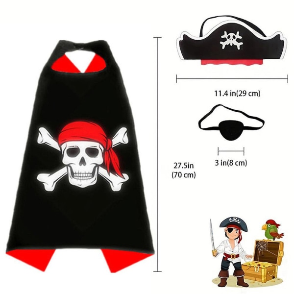 Piratkostume til børn, klassisk piratkappe Cosplay Cape skeletkappe+hat+øjenlapper til Halloween festgaver-A