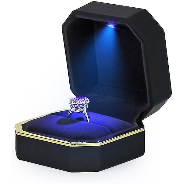 Luksus ring æske, firkantet fløjl vielsesring etui Smykker gaveæske med led lys til forlovelse bryllup bryllup, sort
