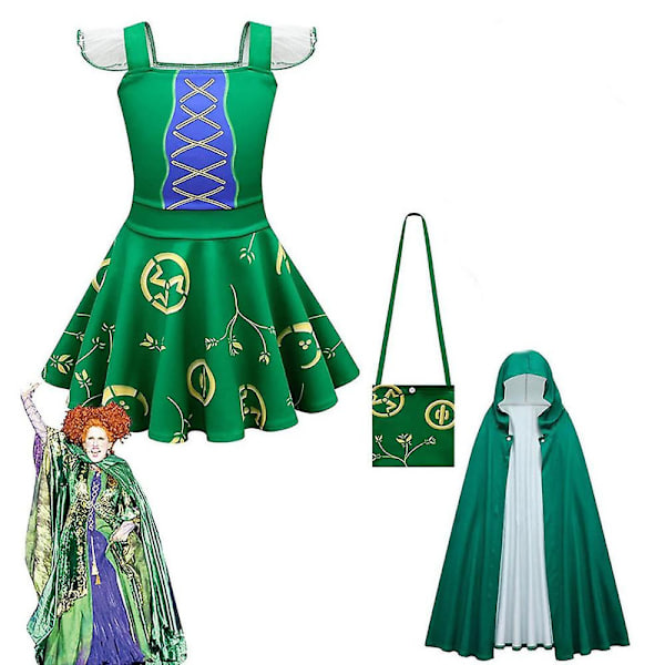 Jentekostyme for 3-10 år - Hocus Pocus 2 Heks Cosplay Festdrakt Kappe Veske Sett - Grønn 6-7Years