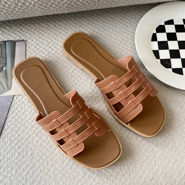 Sommartofflor för damer, utomhusbruk, koreansk stil Ins Web, modesandaler 778-2 Three-Striped Brown 40-41