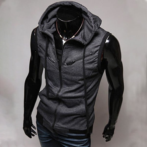 Herre Sommer Zip Up Hoodie Vest Ærmeløse Hætte Tank Tops Dark Grey 2XL