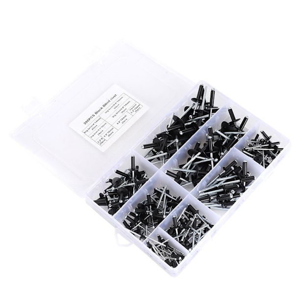 200 stk. sort sortiment af sorte blindnitter i aluminium 3,2/4,0/4,8 mm