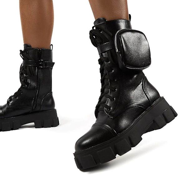 Dame Combat Ankelstøvler Chunky Platform Snørebånd Lynlås Biker Sko -ge Black 41
