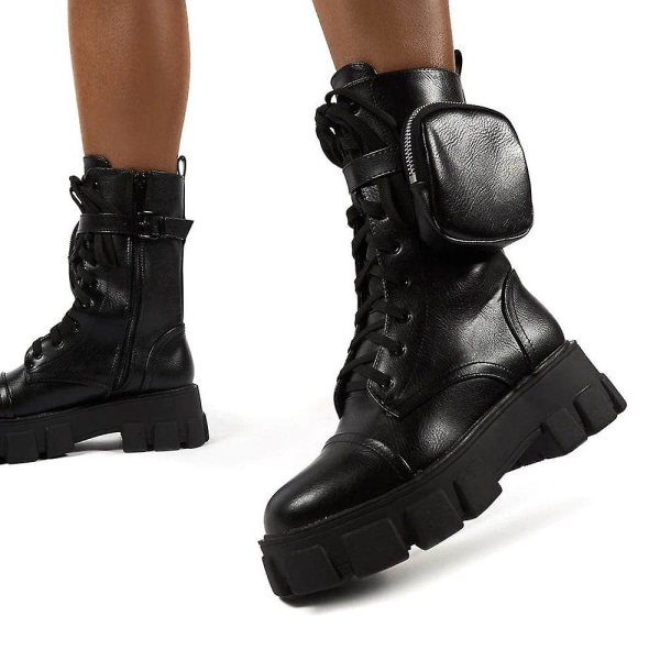 Kvinnor Combat Ankel Boots Chunky Platform Snörning Zip Biker Skor -ge Black 36