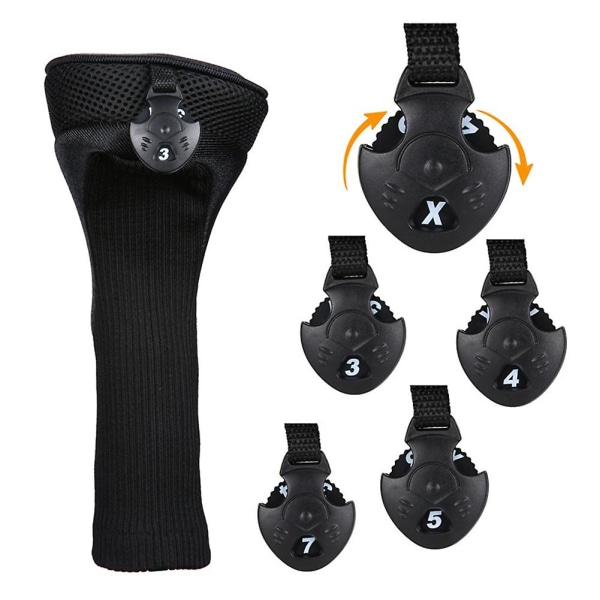3 stk golfkøllekasketter, trækøller og udskiftelige 1/3/5 hættebeskyttelsesærmer, sorte Black