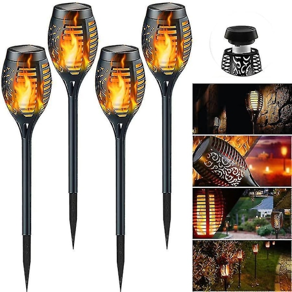 Solcelle Flammelys, 12 LED Solcelle Fakkellys Med Flimrende Flamme, Vanntette Solcelle, 4-pakning