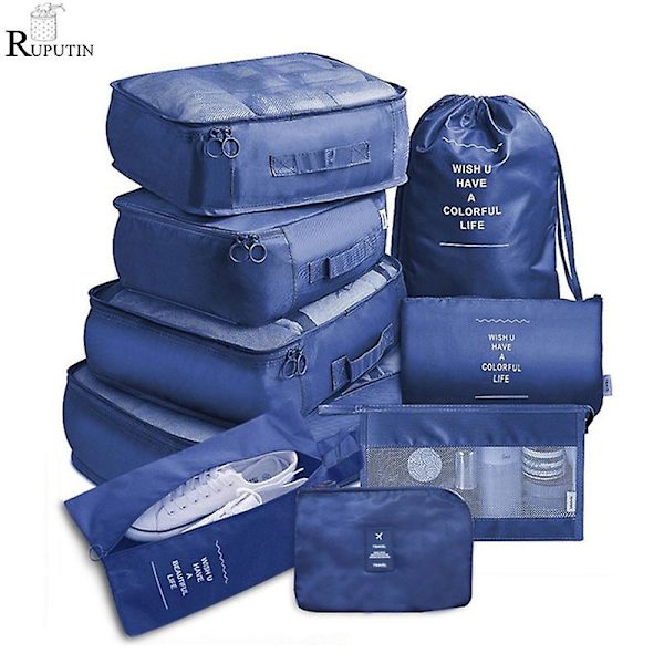 Reseväska-set med 9 delar, bärbara väskor, perfekt för förvaring av skor och kläder i resväskan Navy  9-piece set