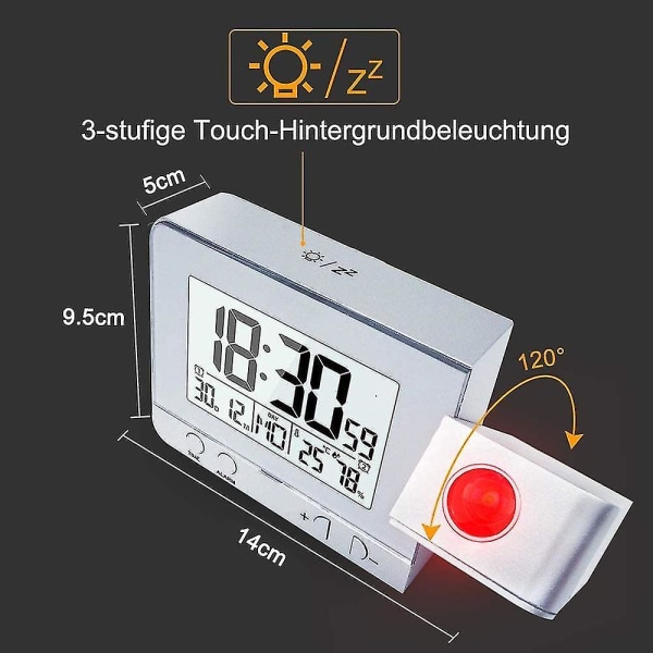Digital Projeksjonsvekkerklokke med Temperatur- og Tidsprosjektor Silver