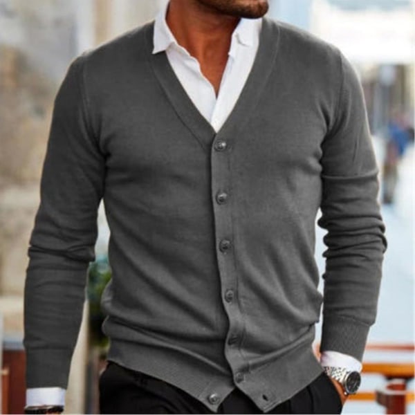 Langærmede mænd med knap-down V-hals cardigan sweater trøje overtøj toppe Grey 3XL