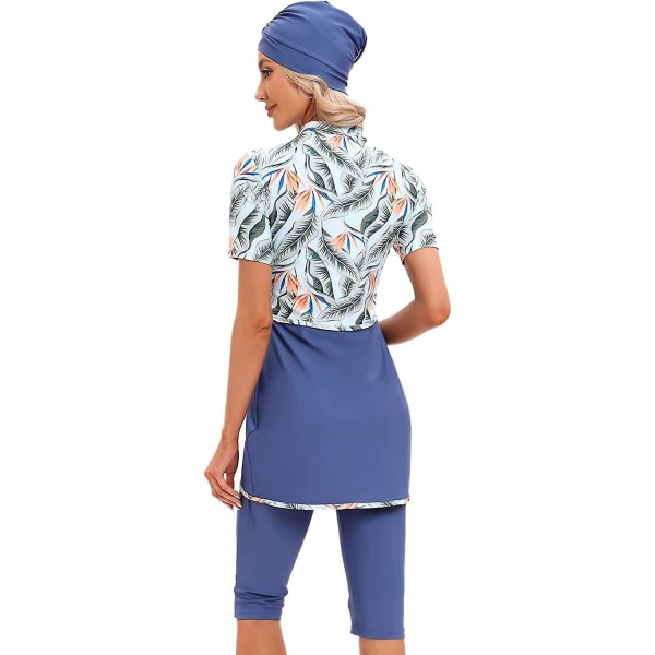 Kvinner Beskjeden Badetøy Islamsk Muslimsk Badetøy Korte Ermer Glidelås Front Topp Shorts Bukser Hijab 3pcs Svømme Drakt S-4xl Tangrui Blue Flower 4XL