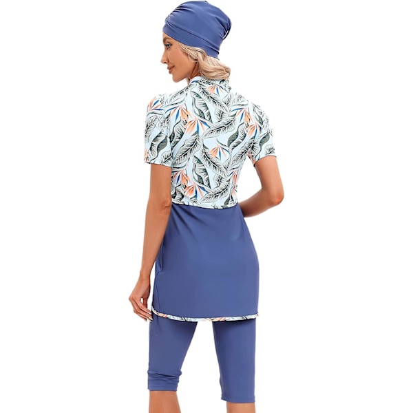 Kvinnor Modest Badkläder Islamisk Muslim Baddräkt Kortärmad Dragkedja Fram Top Shorts Byxor Hijab 3st Simdräkt S-4xl Tangrui Blue Flower M