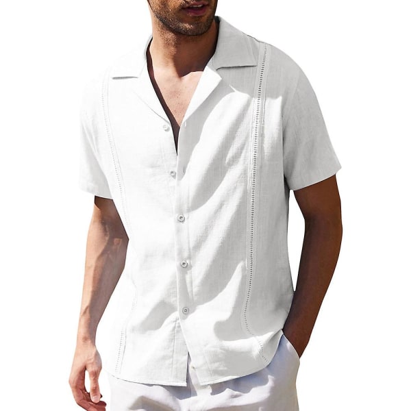 Herre revers V-hals kortærmet knap skjorte sommer toppe White XL